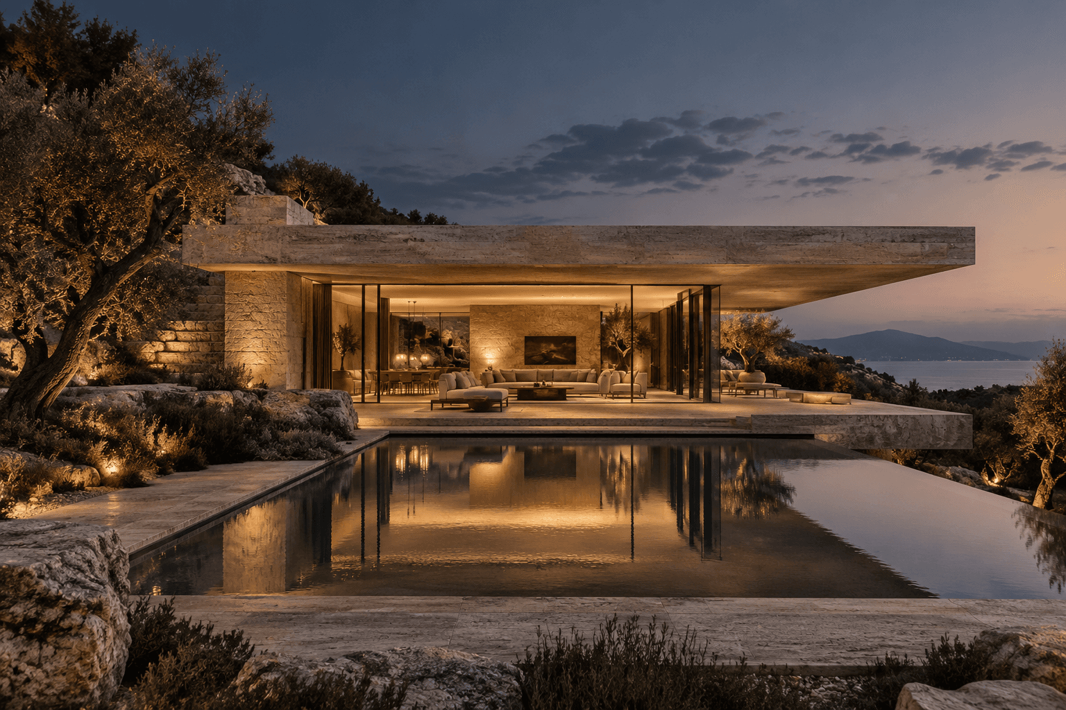 Concept architecture in warm stone and glass